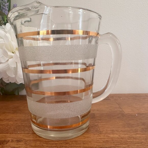 Vintage Libbey Atomic Burst Highball Glasses with Gold Striped Pitcher – Midcent - Picture 6 of 8